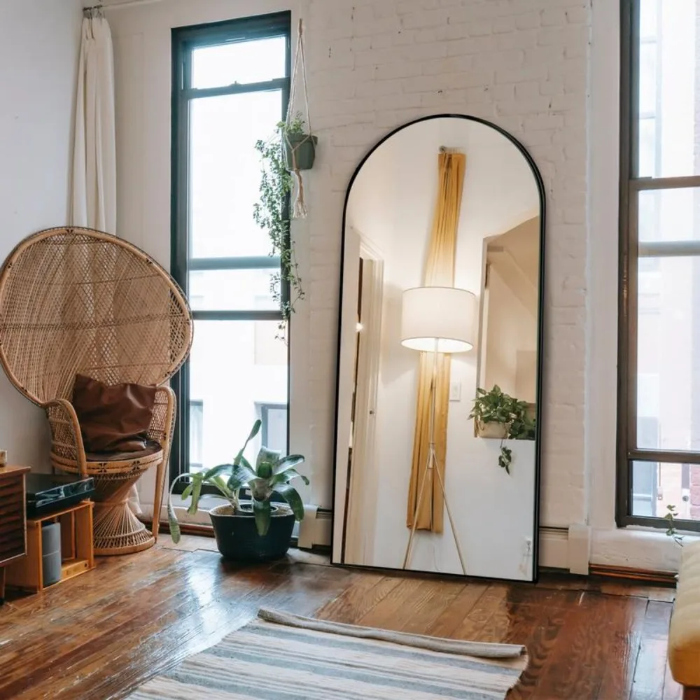 

Floor-to-ceiling upright Arched mirror Hanging or against the wall Wall mirror with bracket Wood thin frame Living room Bedroom