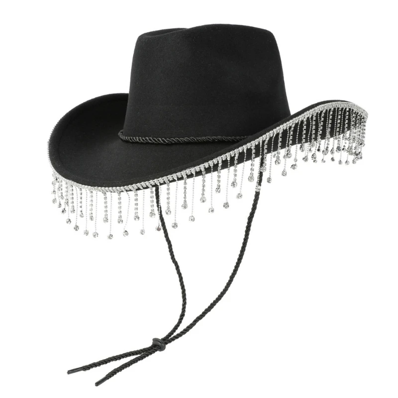 

Rhinestones Fringed Cowboy Hat Adjust Wide Brims Cowboy Hat Fashion Nightclub Party Hat Unisex Adult Photo Cowboy Hat