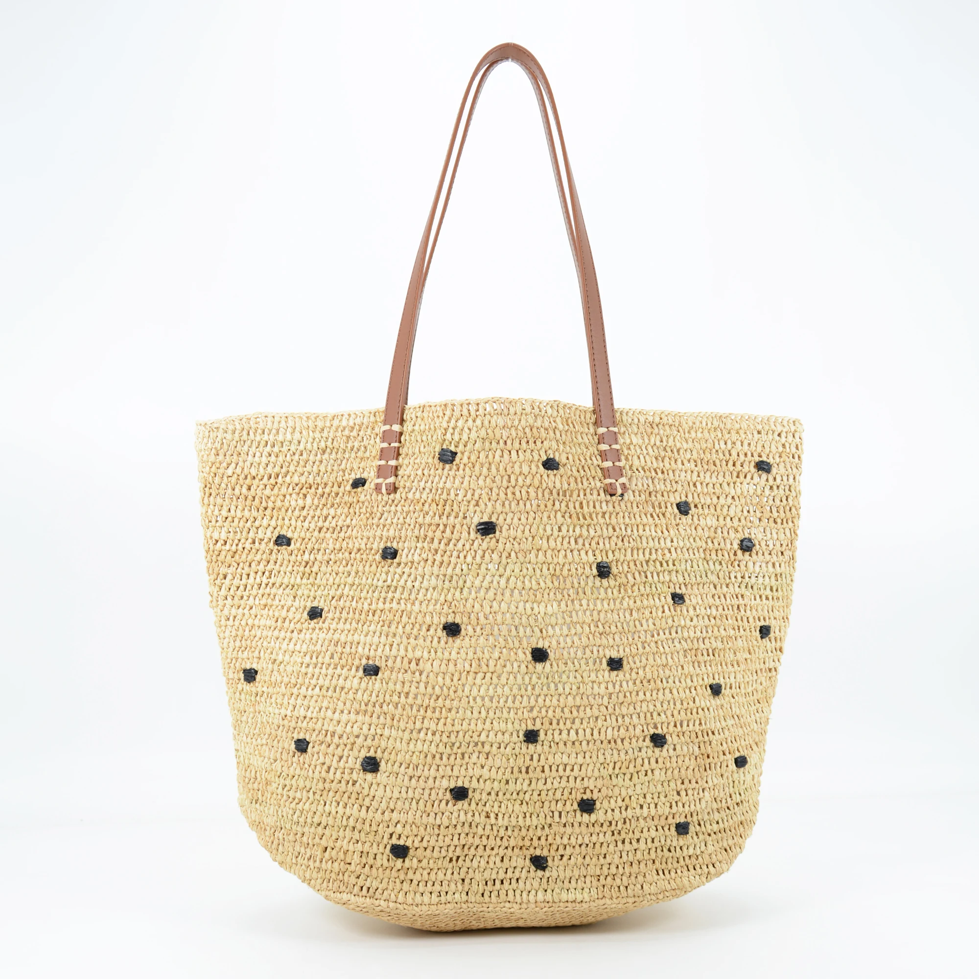 

Crocheted Natural Raffia Shoulder Bag With Nappa Leather Handles Raffia Dots Trimming