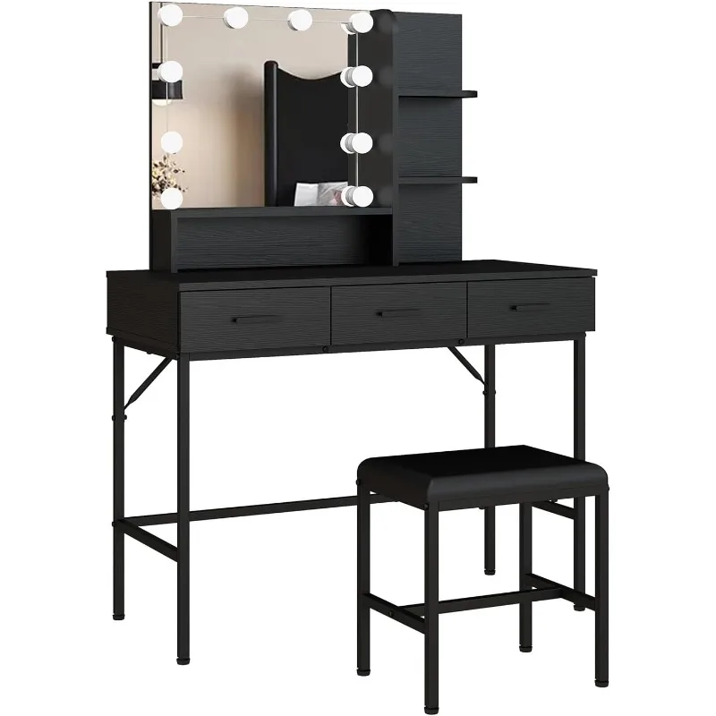 

Vanity Table with Lighted Mirror, 3 Drawers Makeup Desk Dressing Table with Lots Storage Vanity Set with Wider Cushioned Stool