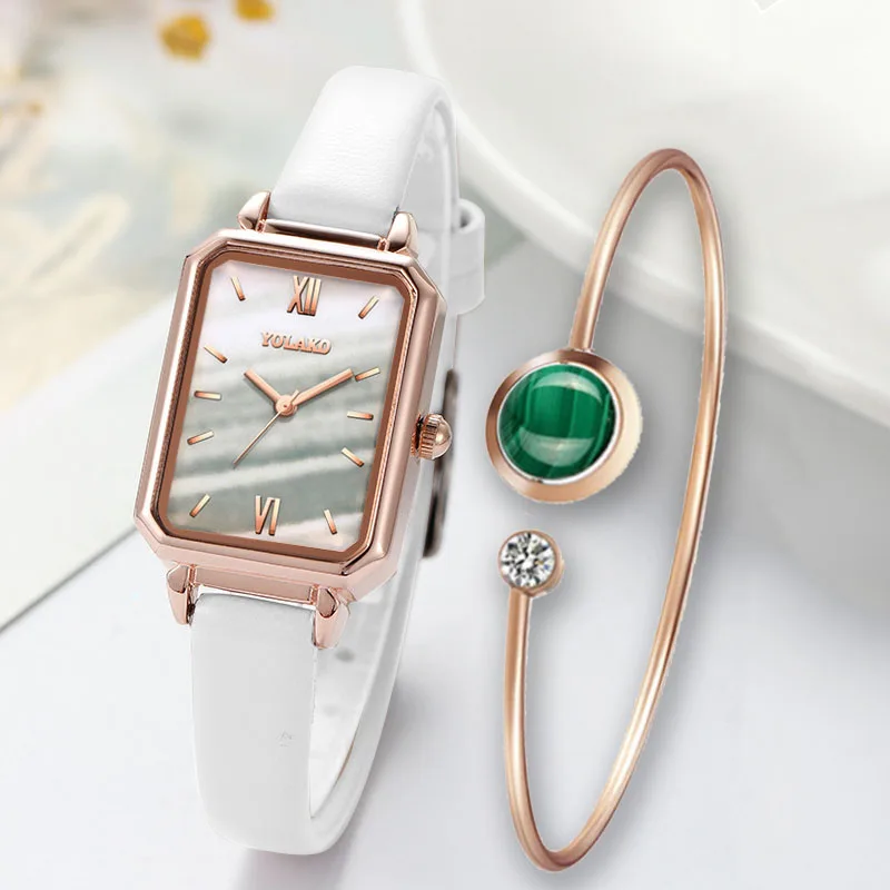 

TOP Brand Women Watches Fashion Square Ladies Quartz Watch Bracelet Set Green Dial Simple Rose Gold Leather Luxury Women Watches