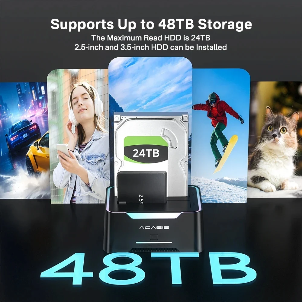 아카시스 듀얼베이 2.5/3.5인치 HDD 인클로저, 오프라인 클론 기능 탑재, SATA to USB 3.0 어댑터 포함, 2.5/3.5 SSD/HDD 디스크 하드 드라이브 케이스