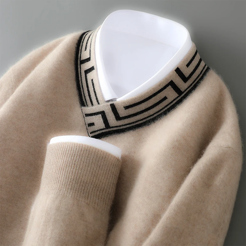 ATTYYWS Autumn and Winter Knitted Casual Color blocked Men's V-neck Sweater Business Full Sleeve New 100% Wool Men's pullover 5