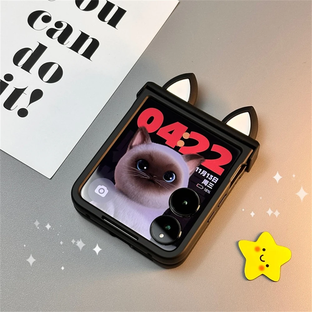 Japan Korean Cute Kitten Ears Case with Hand Strap and Hinge Design