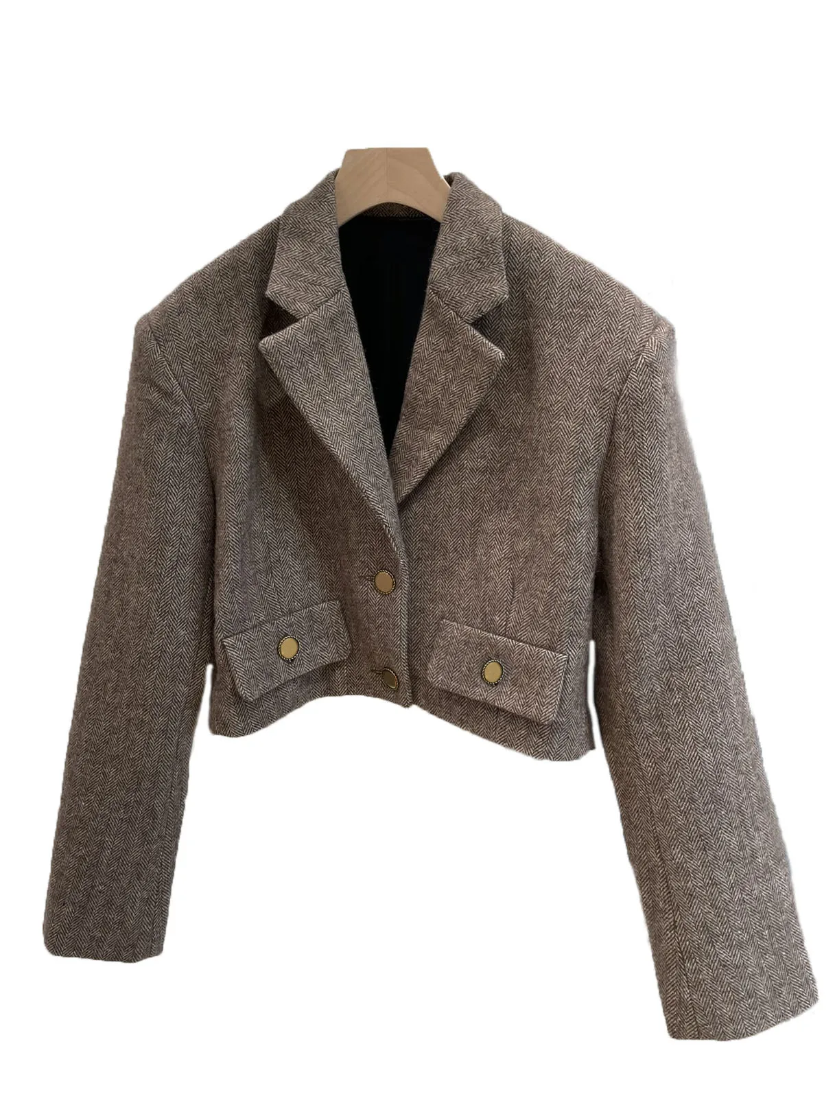 

Tweed jacket lapel short herringbone fabric Slim fit retro design warm and comfortable 2023 winter new 1027
