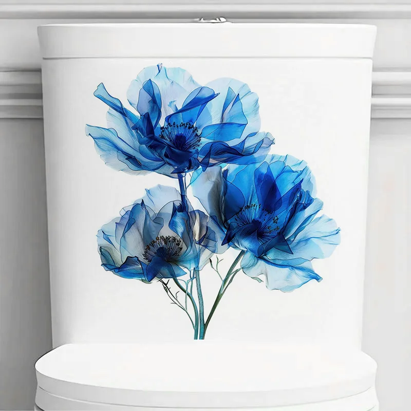 Blue Flowers Self-Adhesive Toilet Stickers Wall Decal Removable Reusable Vinyl Car Sticker For Bathroom Decor C1272#