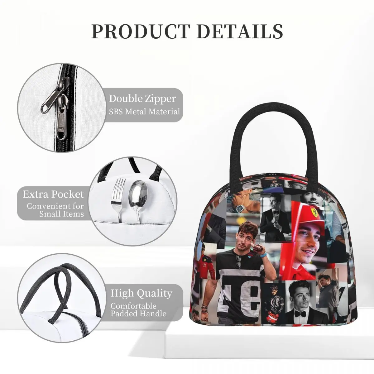 Charles Leclerc Monacan Motorsports 레이싱 드라이버 콜라주 절연 점심 가방 여성 열 식품 상자 토트 휴대용 도시락 상자