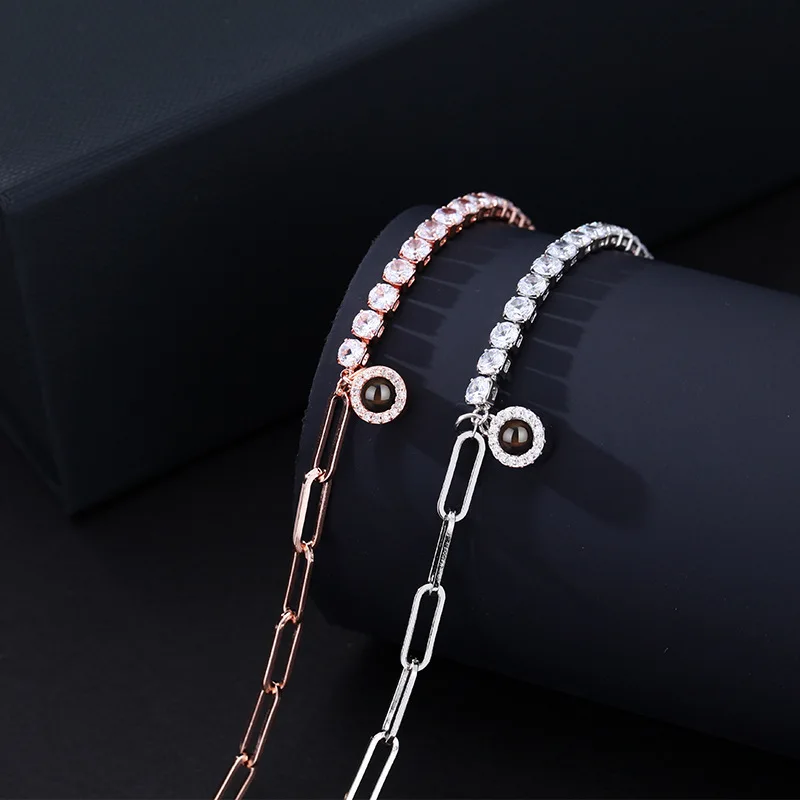 Custom Projection Photo Bracelet 4mm Paper Clip Stitching Tennis Chain Bracelet for Women Birthday Christmas Gift