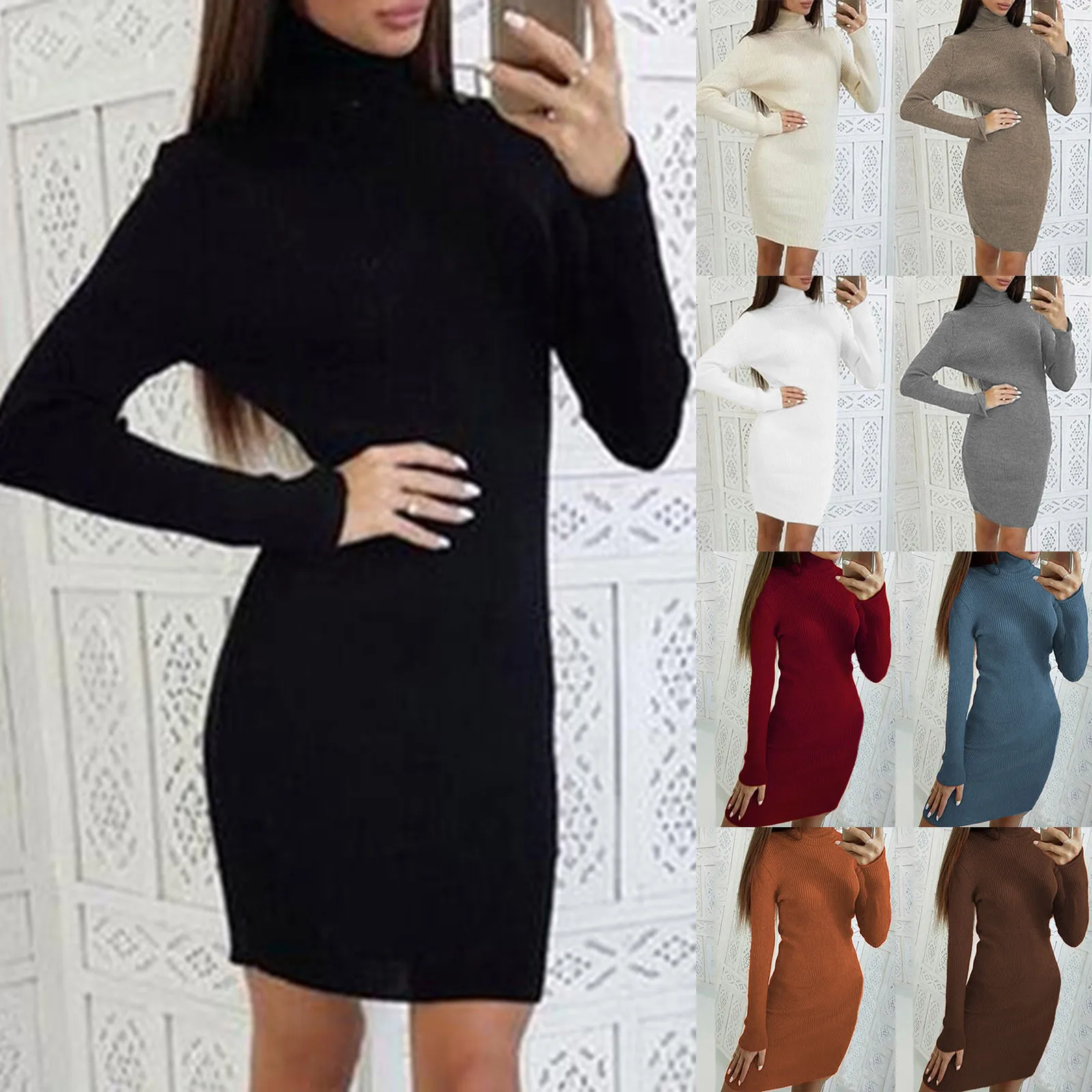 

Осенне-зимние женские однотонные трикотажные платья с низом, модная облегающая трикотажная одежда с высоким воротником, Повседневное платье-свитер с длинным рукавом