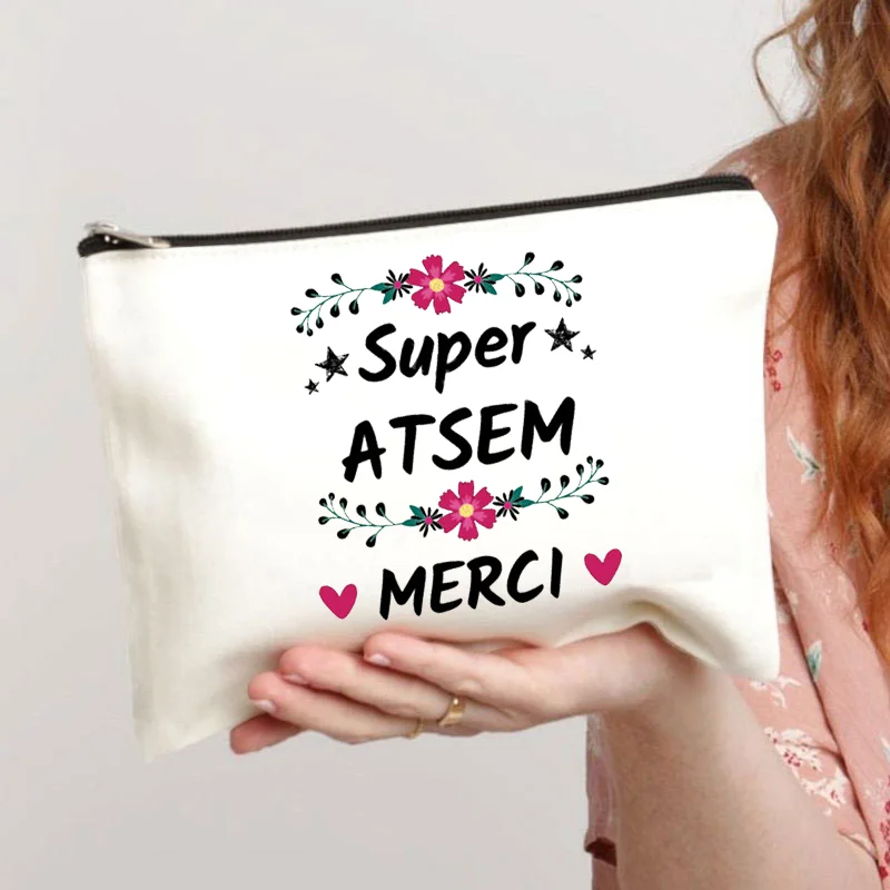 Merci Atsem French Printed Makeup Bag Large Pencil Case School Stationery Supplies Storage Bag Travel Wash Pouch Gifts for Atsem