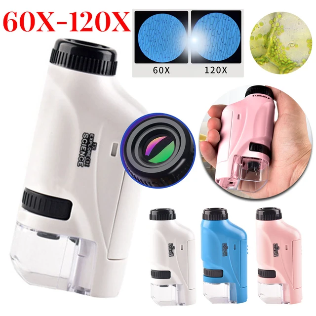 60-120x Pocket Microscope Electric Mini Microscope with LED Light Portable  High Definition Children Microscope with Specimens for Kids Students