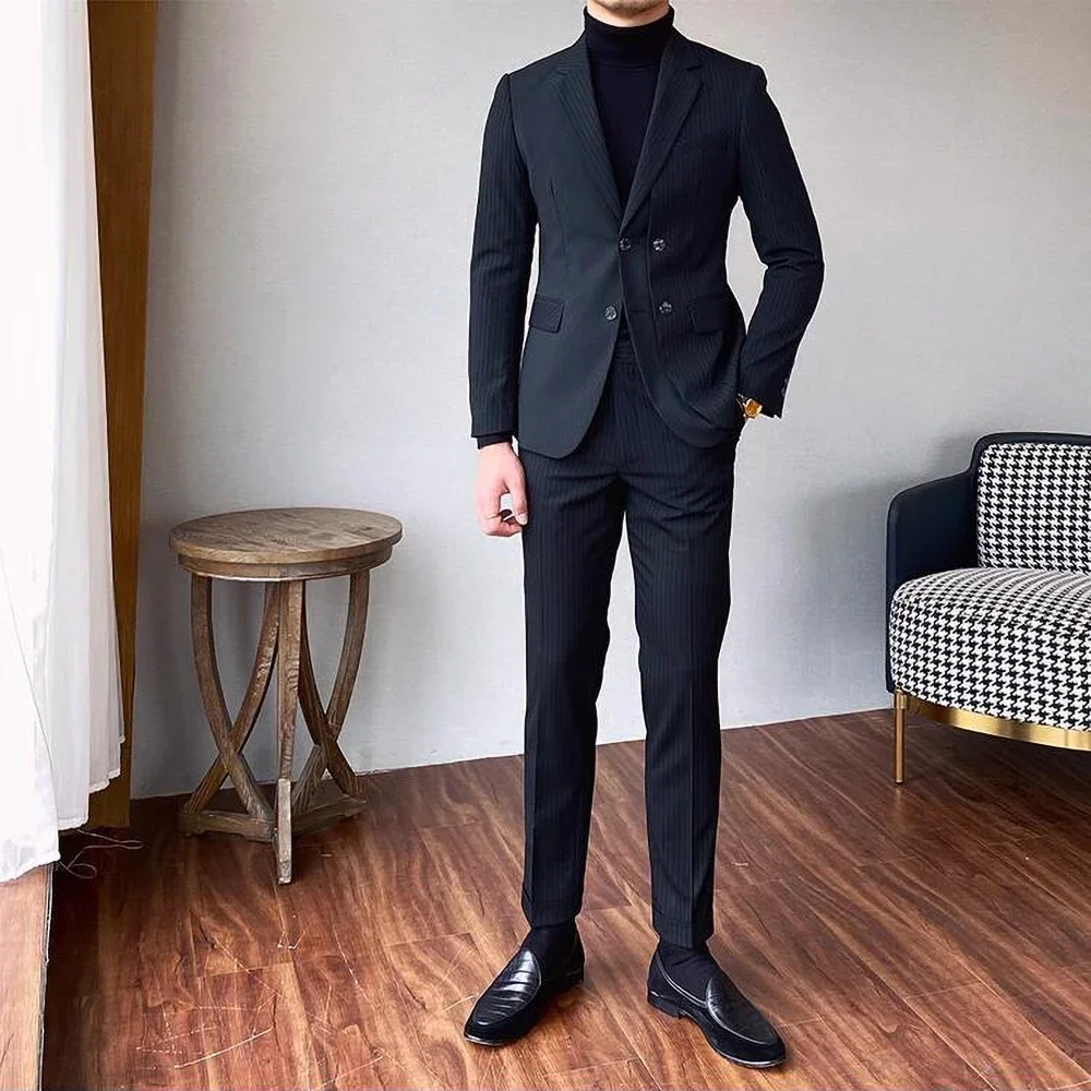 

Мужской костюм в полоску, двубортный облегающий пиджак и брюки, деловой костюм синего цвета с отложным воротником с вырезом, 2024