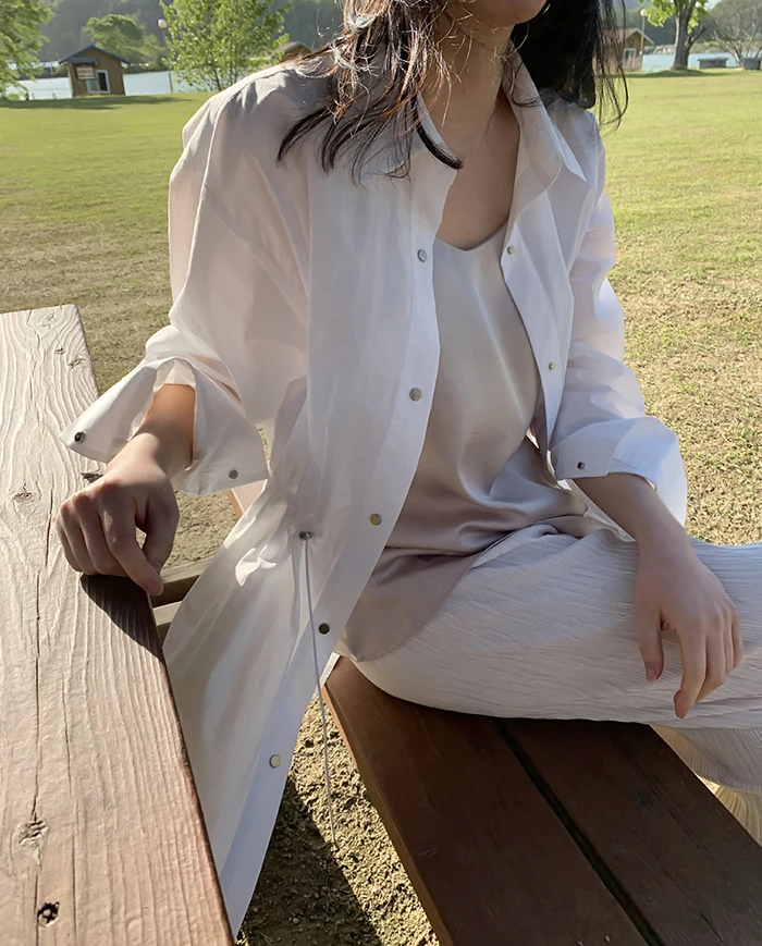 Description Picture 6 of itemAutumn White Women's Shirt Outwear 2024 New Spring Solid Korean Thin Lace Up Single Breasted Cardigan Jacket Pockets Female