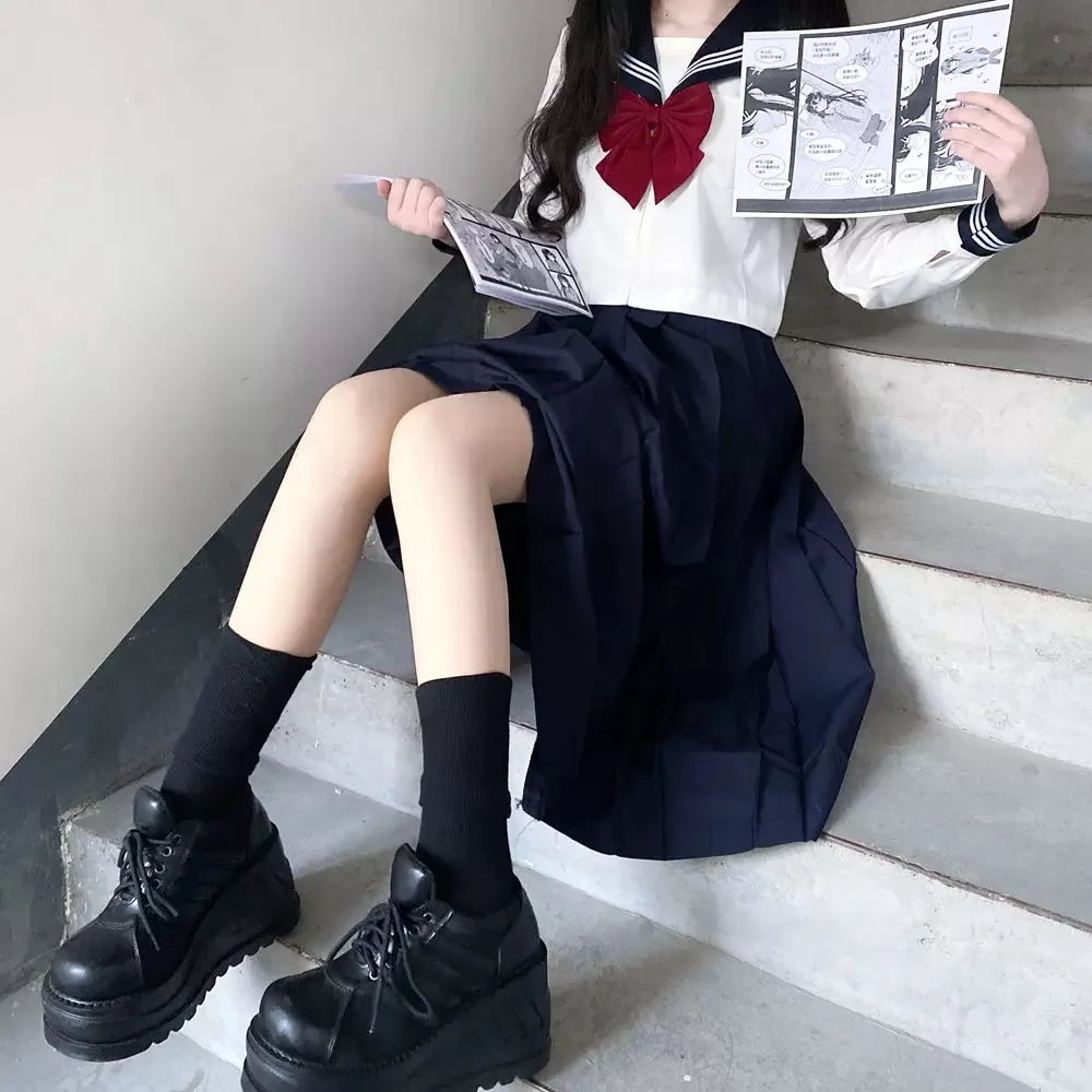 Japanese school uniform girls plus size Jk suit red tie white three basic sailor uniform women's long skirt suit Japanese school uniform japanese schoolgirl skirt