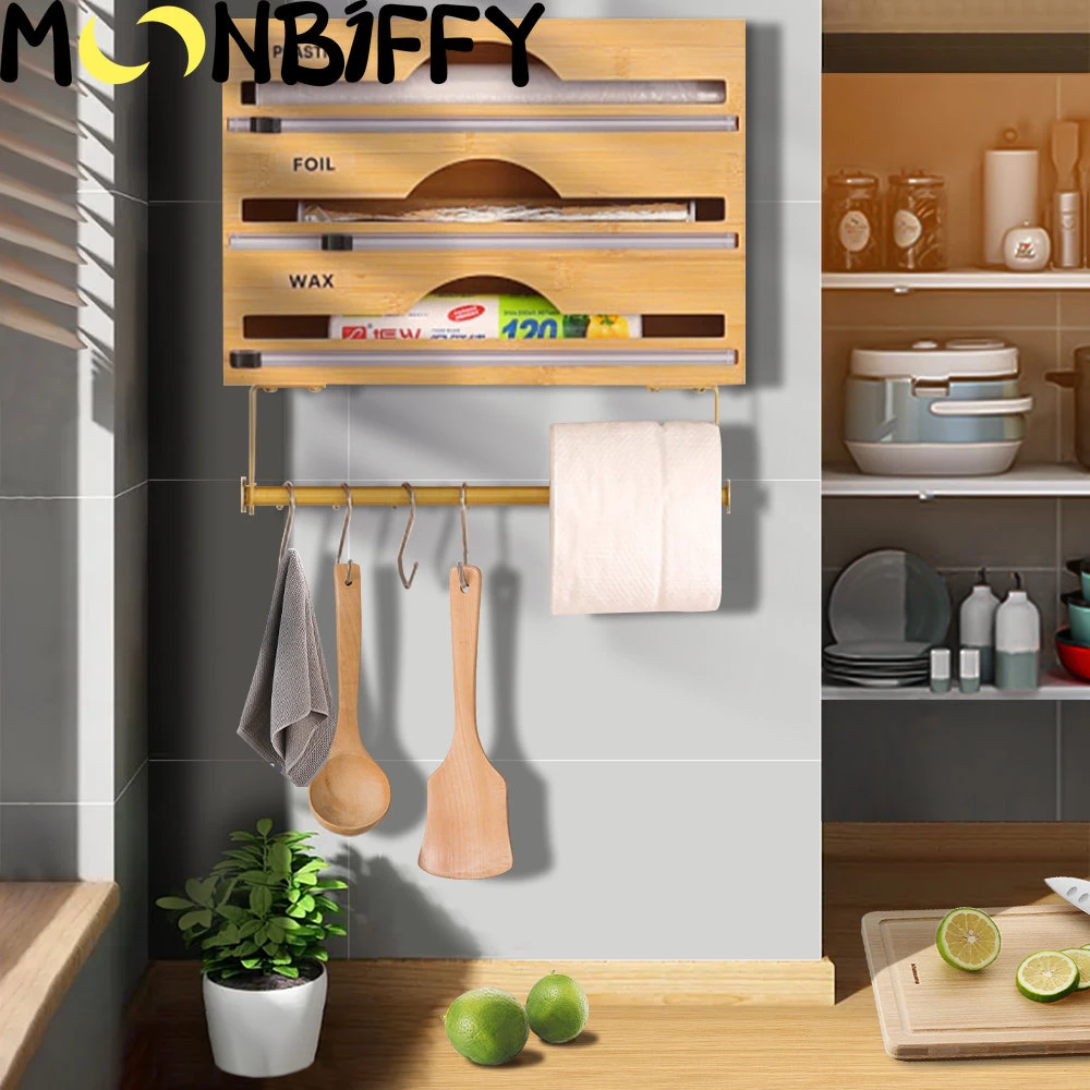 Kitchen Storage Organizer Cling Wrap Food Dispenser Wall Mounted Bamboo