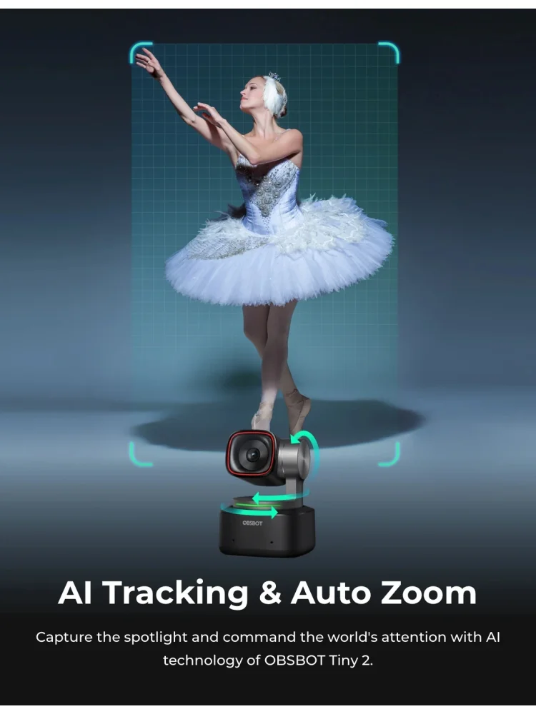 OBSBOT Tiny 2 4k Meet 4K PTZ Webcam AI-Tracking Auto-Framing Gesture Control HDR Dual Omni-Directional Mic Recording Streaming