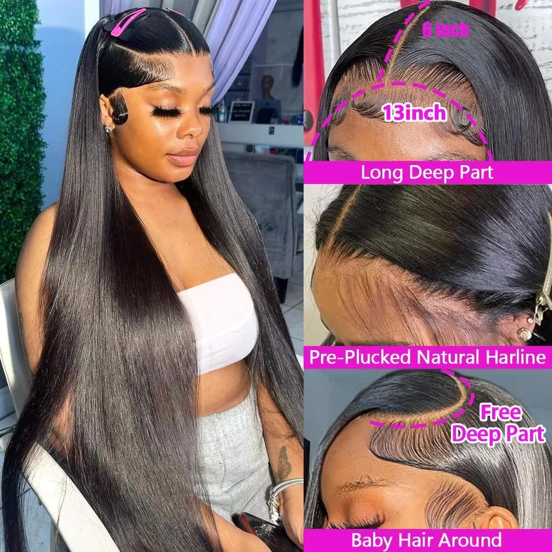 220% Hd Transparent 360 Full Lace Front Wig 40 Inch Pre Plucked Brazilian 13x6 Hd Lace Frontal Wig Bone Straight Human Hair Wigs 3
