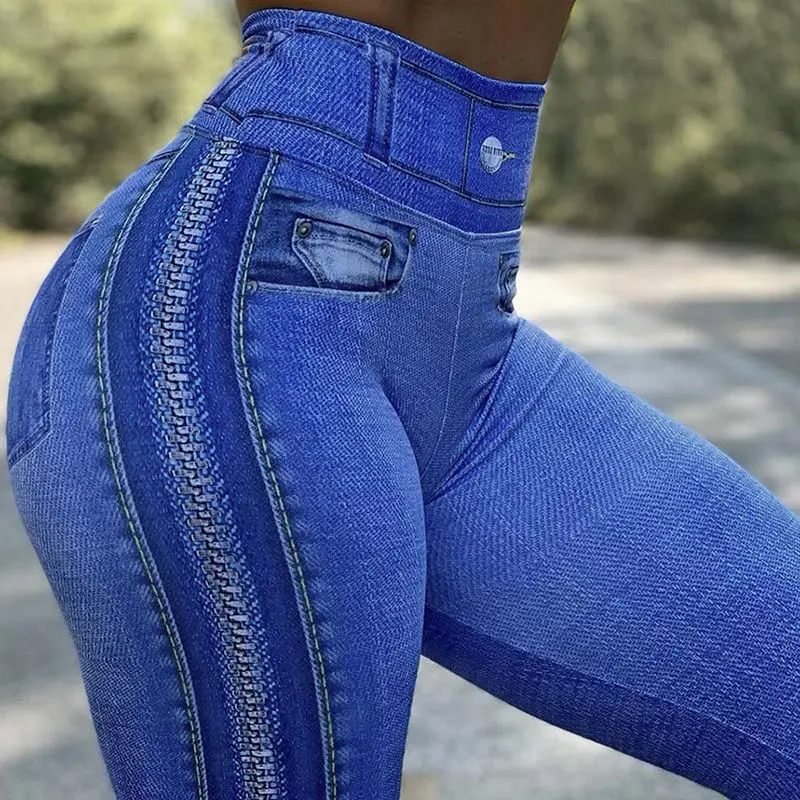 Woman Sexy Open Crotch Leggings Fake Denim Jeans Crotchless Hidden Zipper Holes Hot Pants Elastic High Waist Thin Club Sex Game