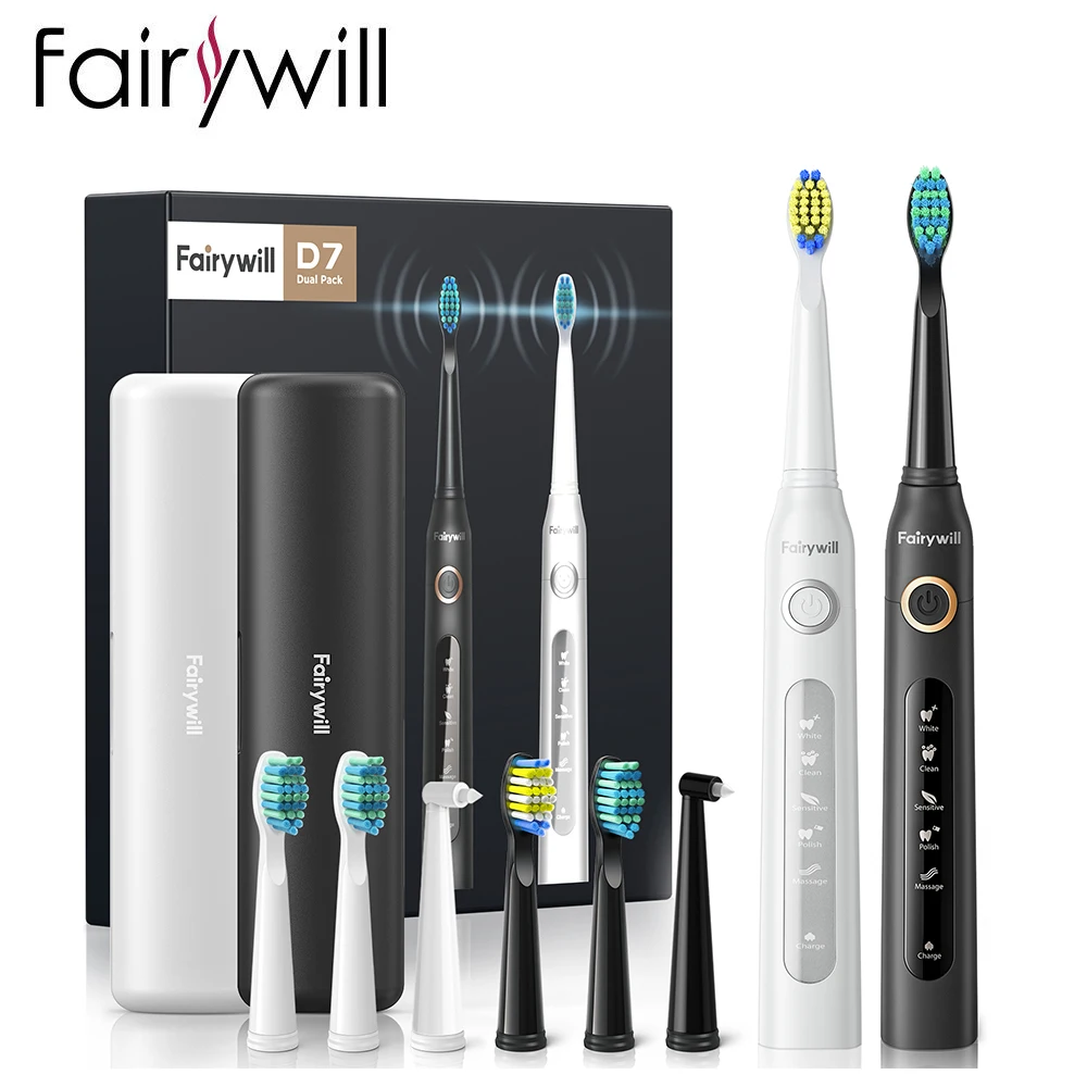 Fairywill Sonic Spazzolino Elettrico Caricabatterie Usb Ultra Sonico Veloce Impermeabile Ipx7 5 Modalità Fairywill Fw-507 Con Regalo A 3 Testine
