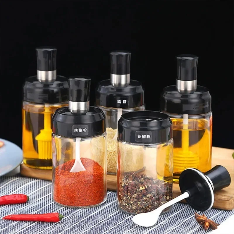 Spice Jar Spoon Cap Sealed Seasoning Bottle Glass Seasoning Bottle Container Salt Sugar Pepper Oliver Oil Storage Kitchen Tool