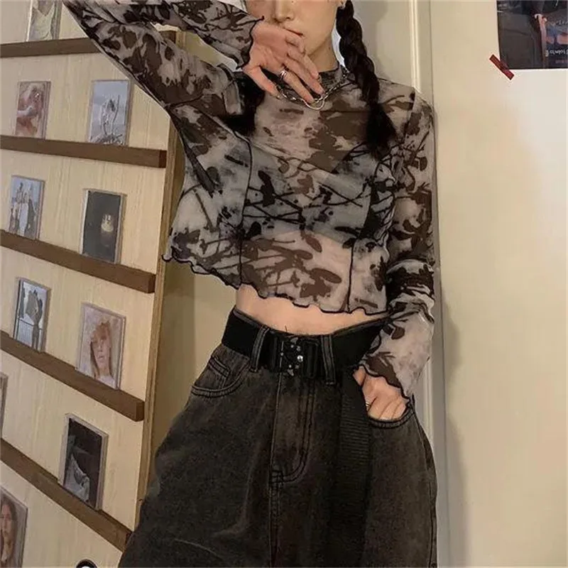 Korean Fashion Y2k Women Tie-dye T-Shirts Sexy Mesh Crop Tops Long Sleeve See Through Slim Turtleneck Female Printed Outfits