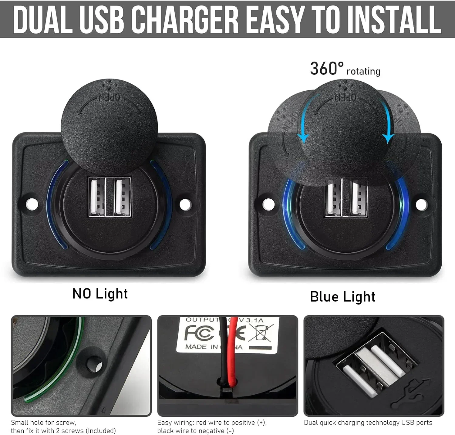 KEBIDUMEI 12V-24V 자동차 USB 충전기 QC3.0 전원 소켓 전화 충전기 어댑터(표시등 포함) 자동차 보트 버스용 방수