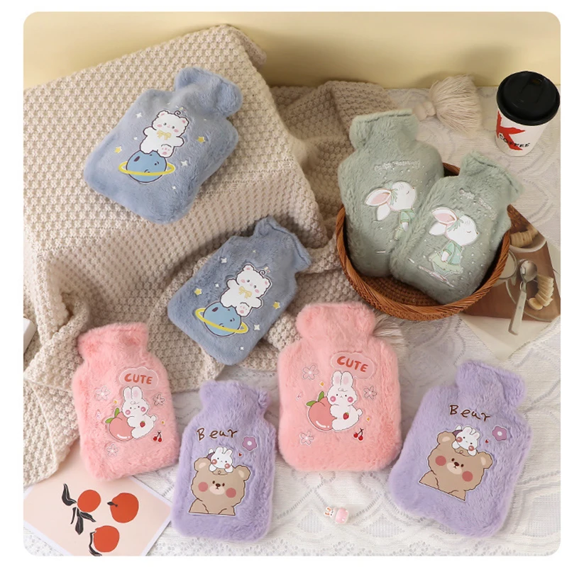 Cute Cartoon Plush Hot Water Bag Portable Water Injection Hot Compress Belly Warm Water Bag For Bed Hand Warmers For Girl Women