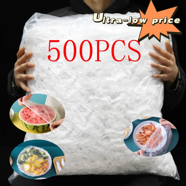 500 Pc Eldobható Élelmiszer -Tároló Fedél Újrafelhasználható Rugalmas Friss Étel Burkolatok Nyújtott Wrap Tál Edény Borító Tartó Táska Zuhanysapka