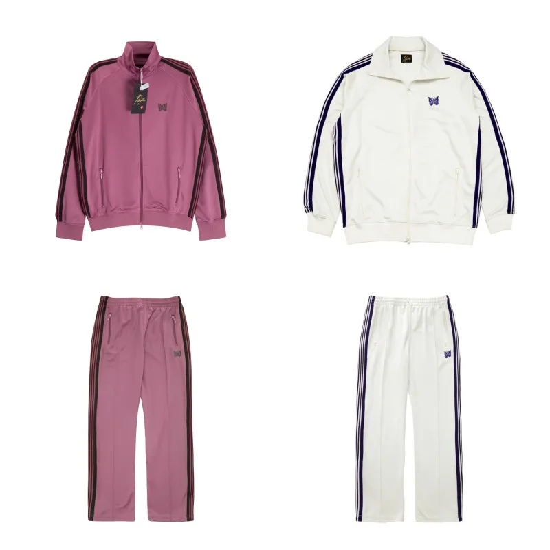 

2023 High Quality 1:1 Needles Sportswear Top Embroidery Butterfly Fashion AWGE Men's and Women's Striped Sports Jacket Pants