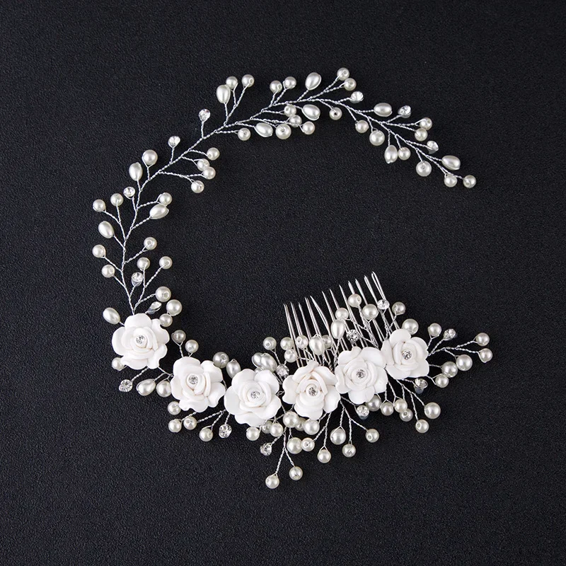 Hair Accessory Bridal Wedding Crystal Bride Hair Accessories Pearl Flower Headband Handmade Beads Decoration Hair Comb For Women