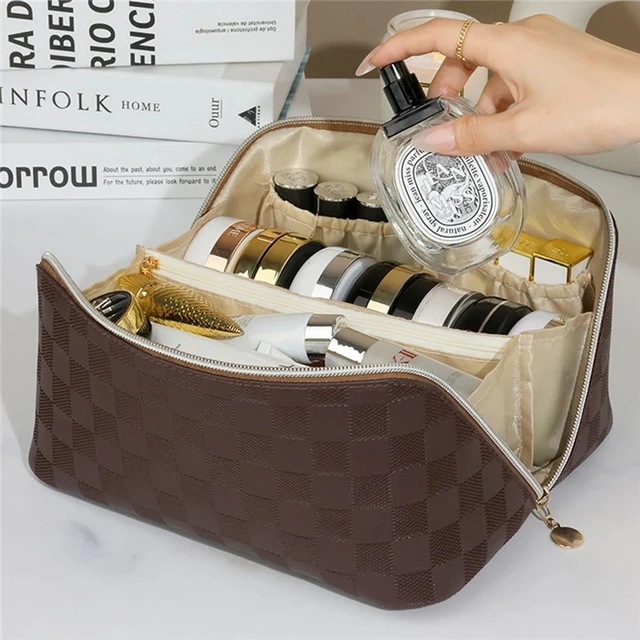 New Women's Large-Capacity Luxury Pu Makeup Bag Portable Cosmetic Pouch  Retro Rhombus Handbag Multifunction Travel Storage Case - AliExpress