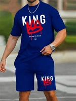New Men’s Short Sleeve Shorts Set Fashion King Printed T-Shirt Shorts 2 Sets of Casual Round Neck Jumper Breathable Sportswear