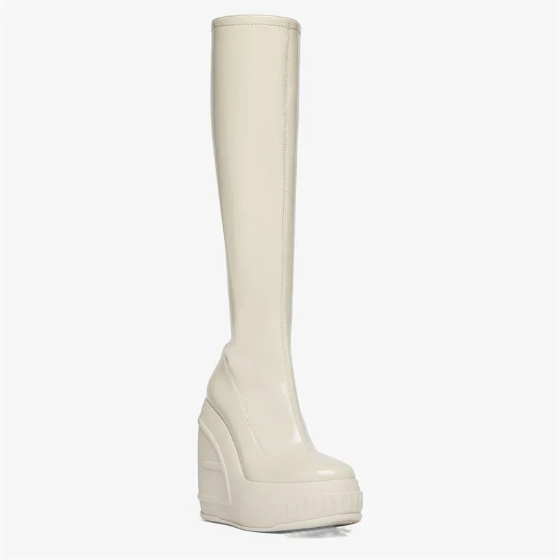 2024 Spring New Slope Heel Thick Bottom Round Toe High Heel Boots Fashion Sexy Cross-border Women's Plus Size Knee-high Boots
