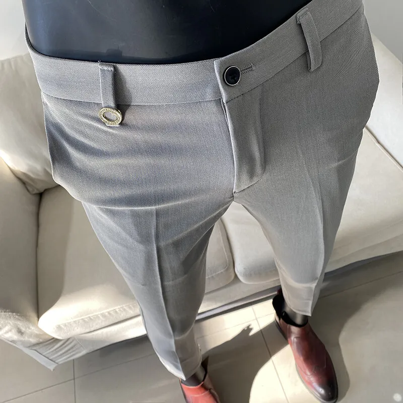 Men Suit Pant Autumn Solid Elastic Waist Dress Pants Cal&ccedil;a Masculina Men Slim Business Office Social Ankle Length Trousers stretch pants business pants suit pants men pants