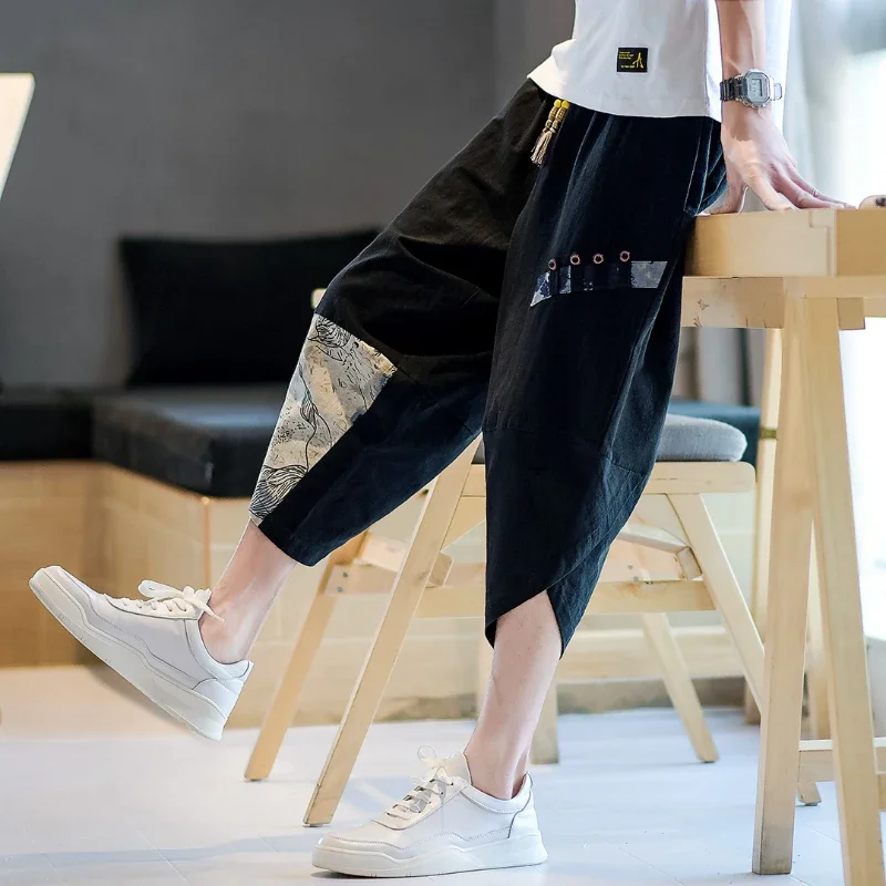 Japanese Kimono Pants Men Cotton Breathable Samurai Clothing Pants Men Loose Print Retro Harem Shorts Harajuku Hip Hop trousers