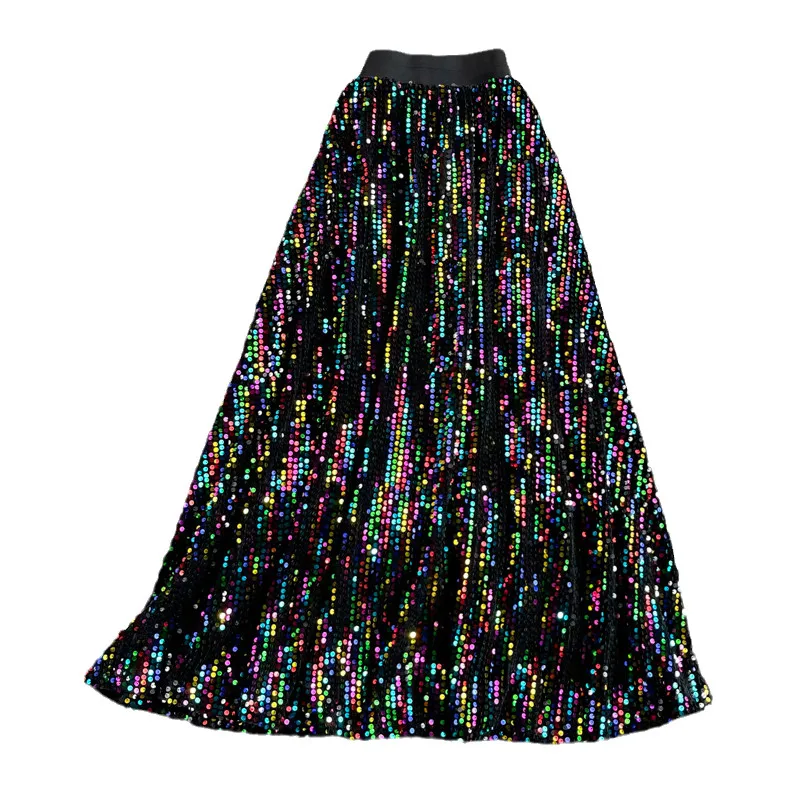 

2023 Autumn New Elastic High Waist Slimming Sequins Mid-Length A- Line Skirt Women Fashion Overknee Glitter Big Hem Skirts