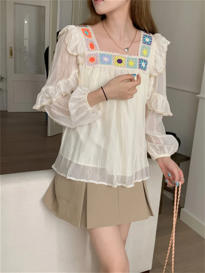 

Блузка Alien Kitty Женская с квадратным вырезом, милая шикарная офисная одежда абрикосового цвета, свободная Осенняя приталенная с цветочной вышивкой, 2023