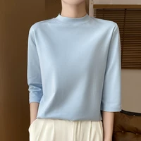 Summer And Autumn New 100% Cotton T-shirt Women's Semi-High-Necked Cropped Sleeves Loose Solid Color Bottoming Top - Image 6