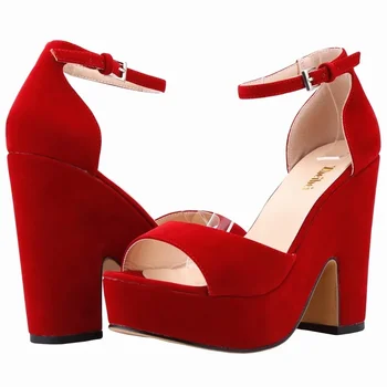 Women Sexy Peep Toe Sandals Summer Ankle Strap Pumps 12cm Sexy Square Thick High Heels Flock Platform Party Dress Wedding Shoes 1