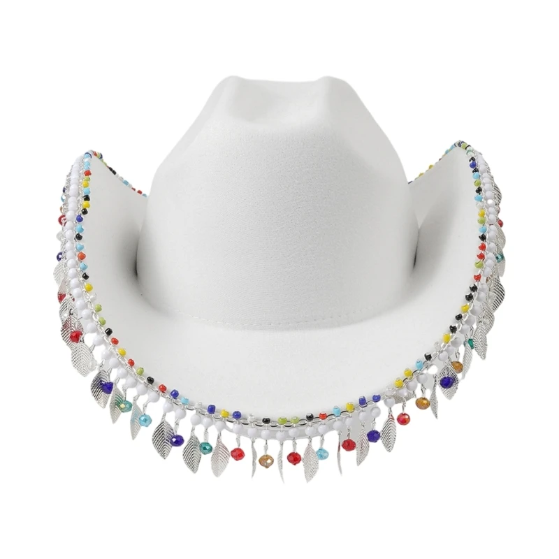 

Colorful Rhinestones Tassels Top Hat for Women Western Cowgirl Hat Wide Brim Fedora Cap Musical Festival Party Headwear DXAA