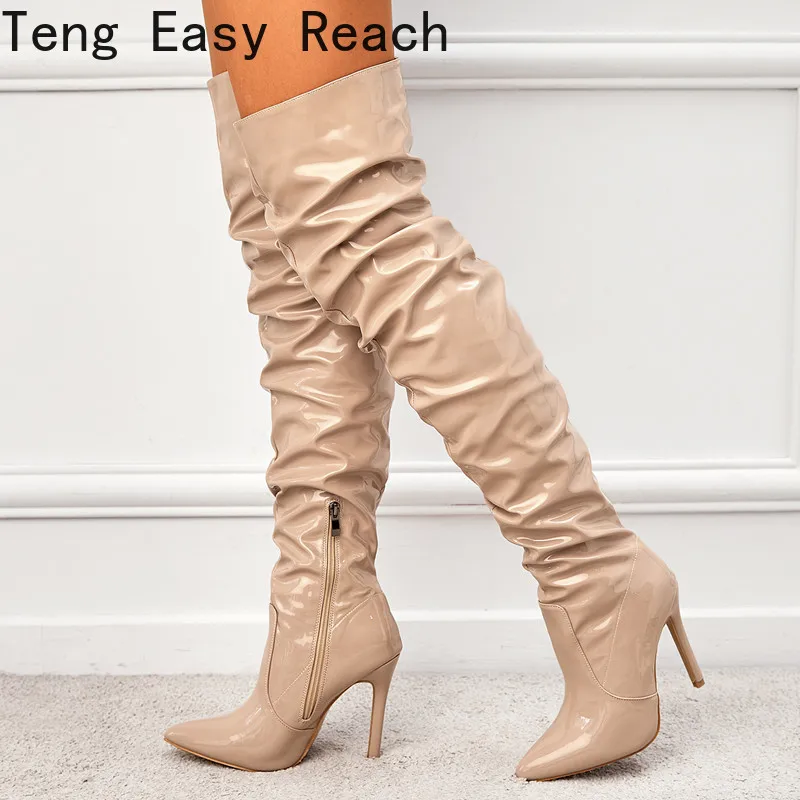

New patent leather Thigh High Zipper Boots Sexy Thin High Heels Over The Knee Boots For Women Pointed Toe Wedding Party Shoes