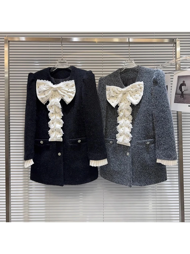 

HIGH STREET 2024 Newest Designer Stylish Jacket Women's Water Diamond Large Bow Design Down Lined Woolen Coat