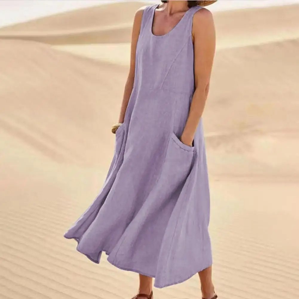 

Daily Midi Dress Women Round Neck Dress Stylish Women's Summer Midi Dress with Pockets Soft Breathable A-line Sundress for Daily