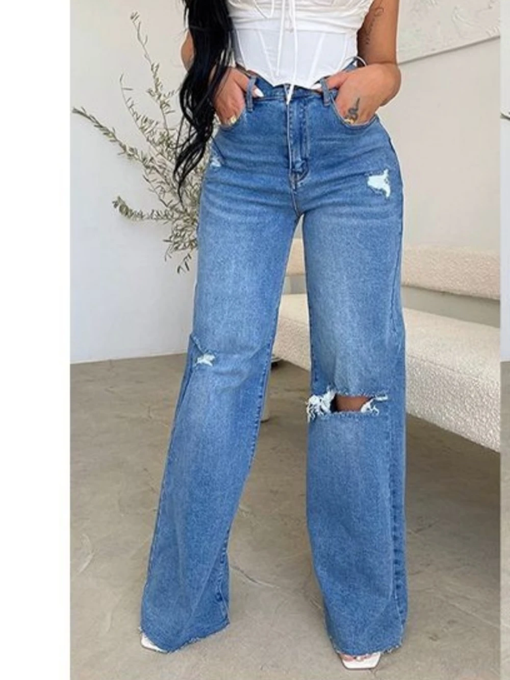 

Autumn Women's Jeans High Waist Broken Raw Edge Comfortable Casual Loose Fashion All Ladies Wide Leg Pants