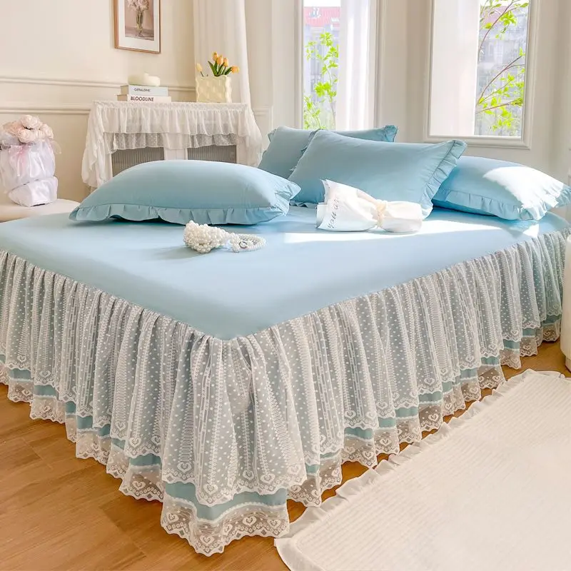 Elegant Lace Bed Sheet Skirt Queen/King Size Girls Bed Cover Solid Color Bedspread Non-slip Mattress Cover Pillowcase Need Order 4