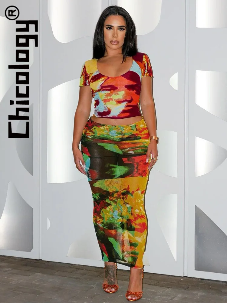 

Chicology Printing Fashion Short Sleeve T-Shirt Crop Tops High Waist 2 Pieces Skirt Sets Streetwear Party Women Outfit Wholesale