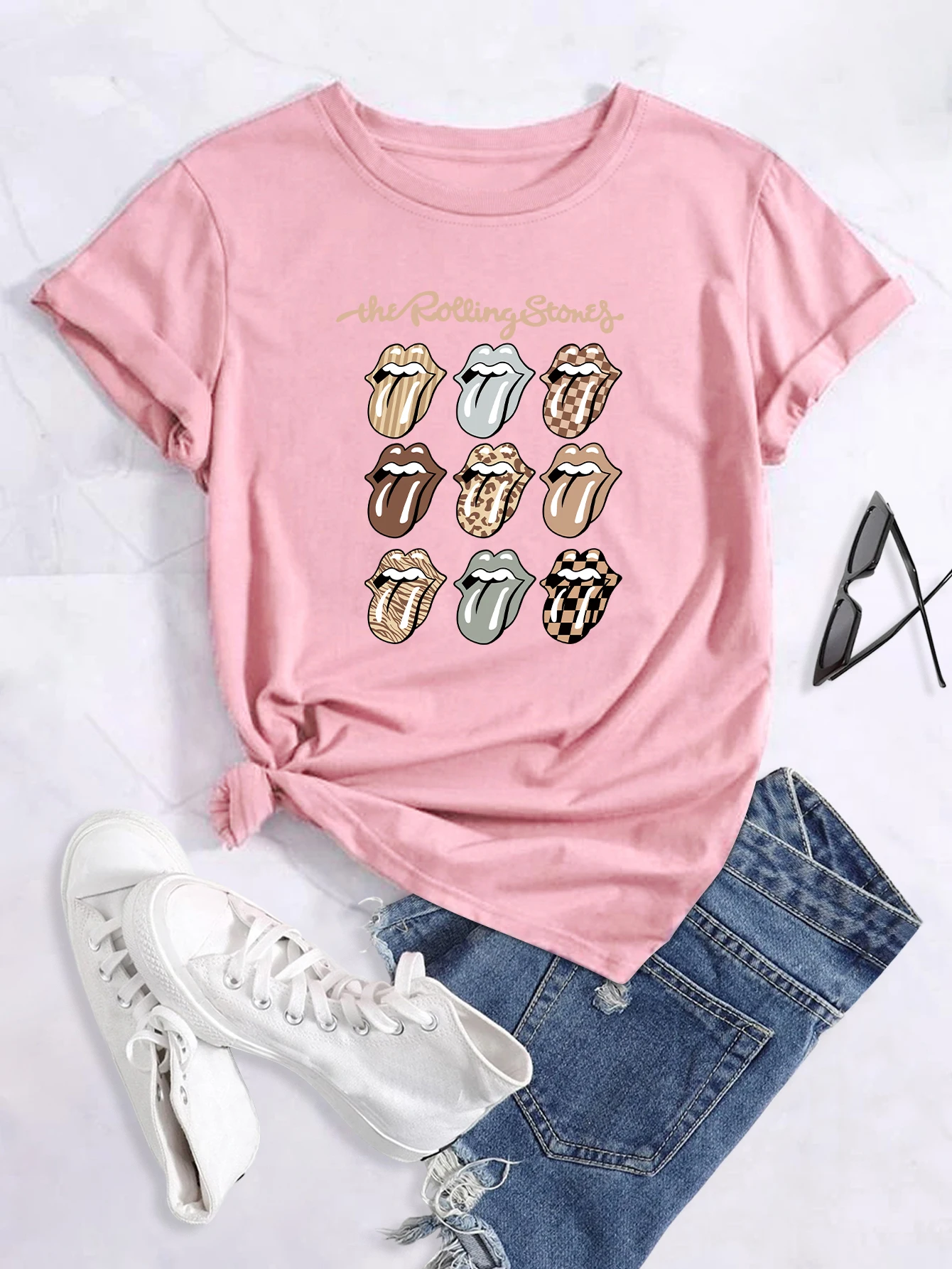 Plu Size 'The rolling tone' Tee,Print Crew Neck T-hirt,Women' Caual Looe Short Sleeve Fahion Summer T-Shirt_voghion.com