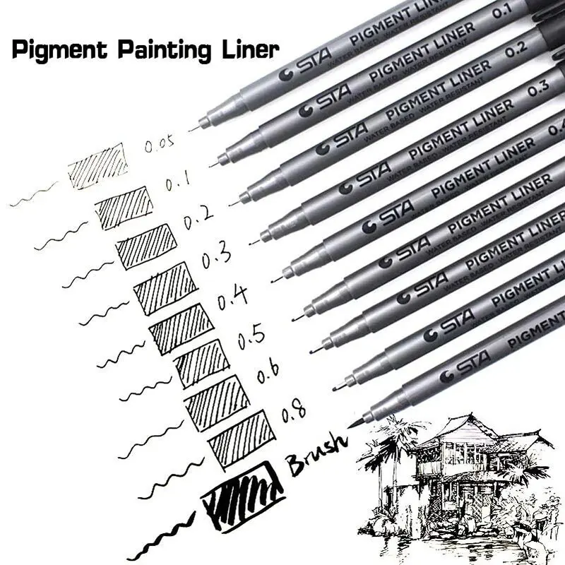 Pigment Liner Pigma Micron Ink Marker Pen 0.05 0.1 0.2 0.3 0.4 0.5 0.6 0.8mm Brush Different Tip Black Fineliner Sketching Pens