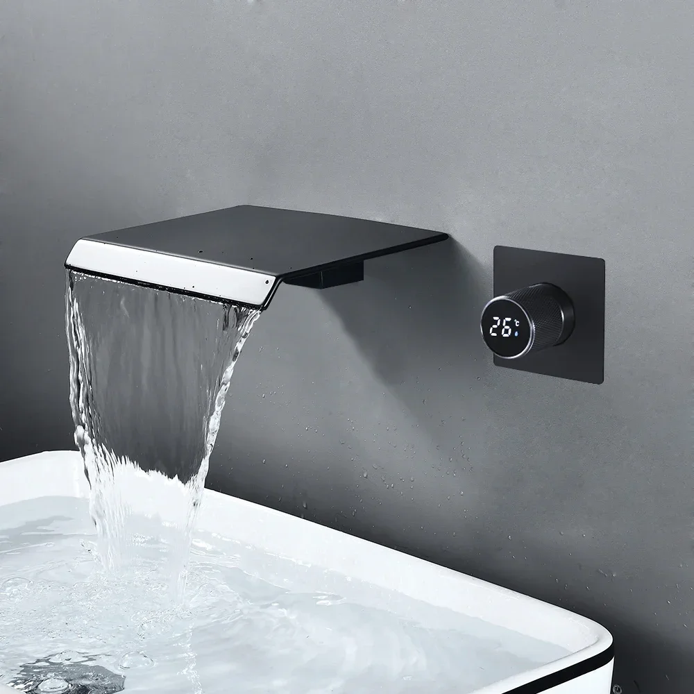 

BAKALA Digital Display Bathroom Faucet Wall Mounted Waterfall Basin Faucets Washing Basin Taps Hot & Cold Water Mixer Tap