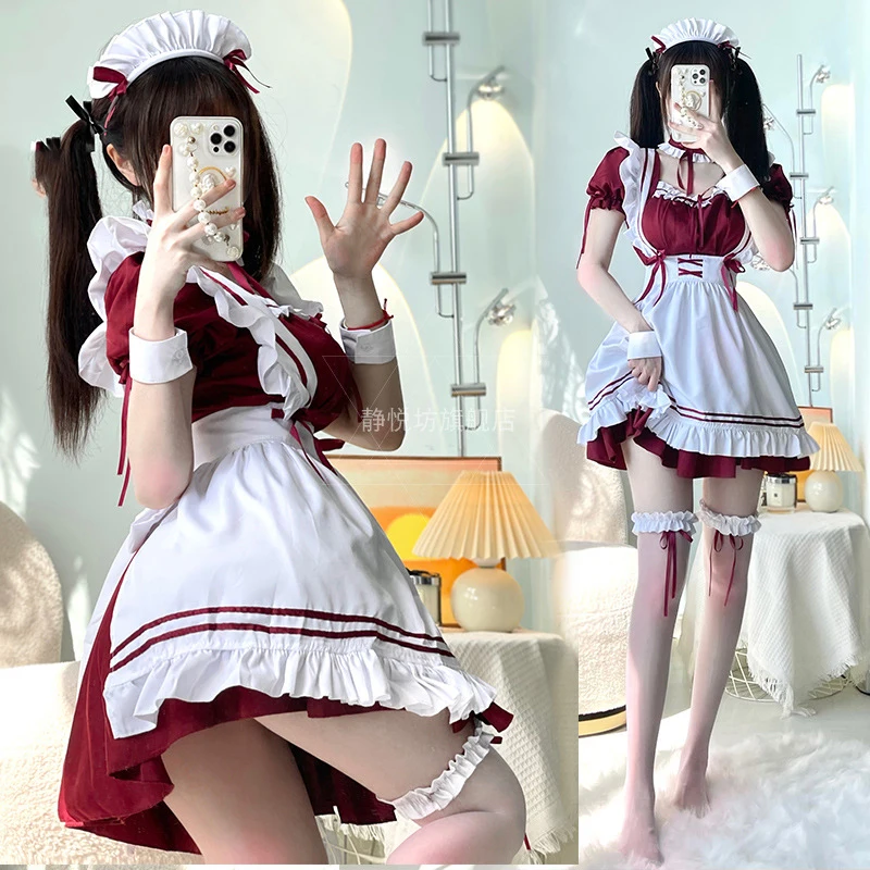 

Maid Cosplay Plus Size Lolita Uniform Sexy Wine Red Low Cut Style Dress Daily Lovely Clothing Attire Disfraz Anime Oktoberfest